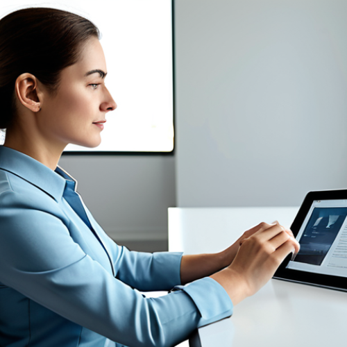 Home 8 A professional woman, fully clothed in a modest, contemporary business-casual attire, seated calmly in a well-lit, modern home office. She is looking at a sleek digital tablet, on its screen a subtle, artistic representation of a virtual memorial profile. The scene evokes a feeling of peaceful reflection and connection to distant memories. Safe for work, appropriate content, fully clothed, professional dress, perfect anatomy, correct proportions, natural pose, well-formed hands, proper finger count, natural body proportions, professional photography, high quality.