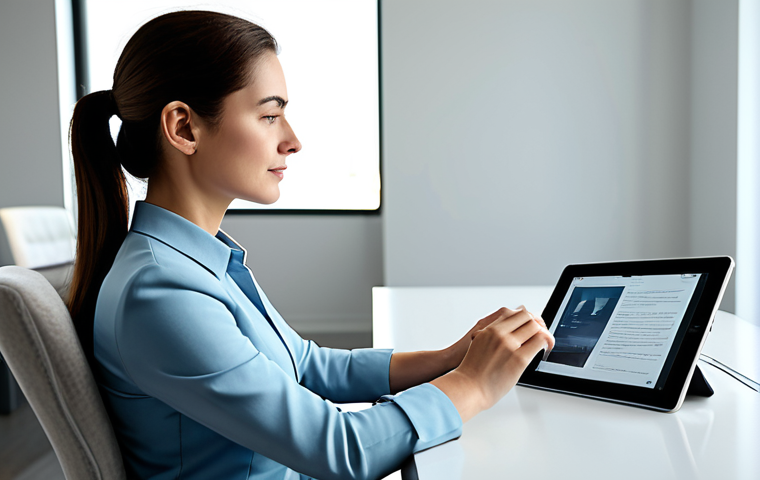 A professional woman, fully clothed in a modest, contemporary business-casual attire, seated calmly in a well-lit, modern home office. She is looking at a sleek digital tablet, on its screen a subtle, artistic representation of a virtual memorial profile. The scene evokes a feeling of peaceful reflection and connection to distant memories. Safe for work, appropriate content, fully clothed, professional dress, perfect anatomy, correct proportions, natural pose, well-formed hands, proper finger count, natural body proportions, professional photography, high quality.