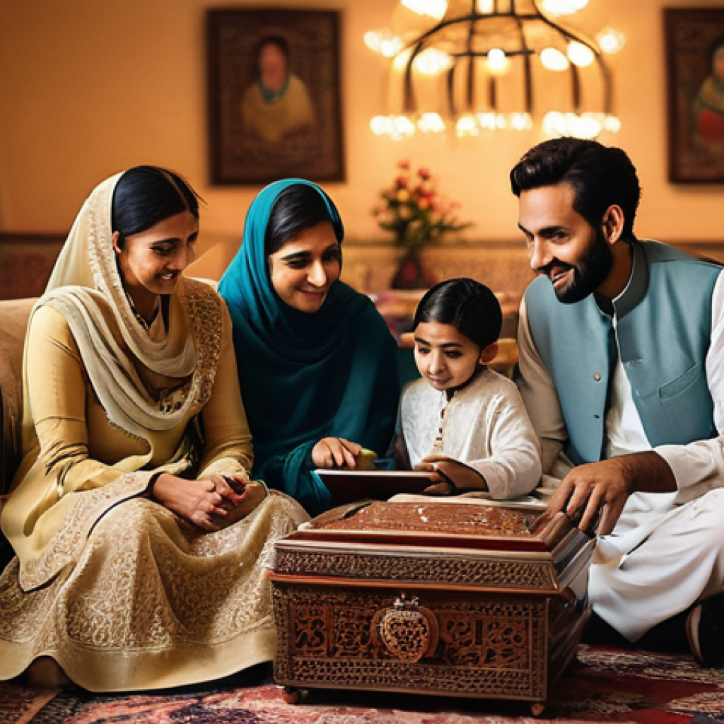 가상 추모 공간의 마케팅 전략 - **Prompt:** A warm, multi-generational Pakistani family gathered in a beautifully decorated living r...