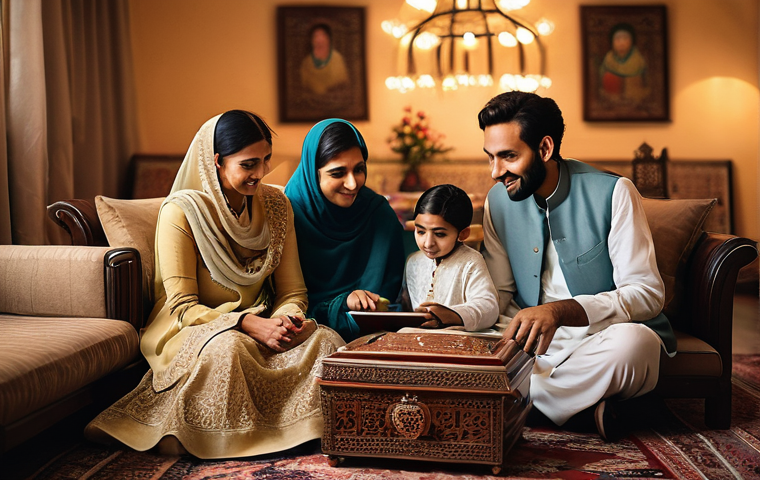 가상 추모 공간의 마케팅 전략 - **Prompt:** A warm, multi-generational Pakistani family gathered in a beautifully decorated living r...