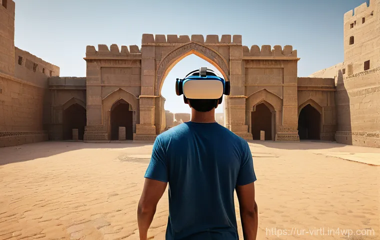 가상 추모 공간을 통한 문화유산 보존 - **Prompt: Virtual Exploration of an Ancient Citadel**
    "A young adult, wearing modern, modest att...