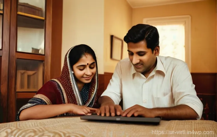 가상 추모 공간에서 제공하는 서비스 - **Prompt:** A serene, softly lit scene inside a cozy home, where three generations of a South Asian ...