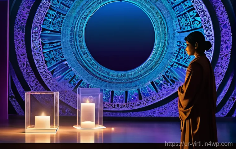 가상 추모 공간에서 제공하는 서비스 - **Prompt:** A dynamic, digitally enhanced composite image showing diverse individuals from different...