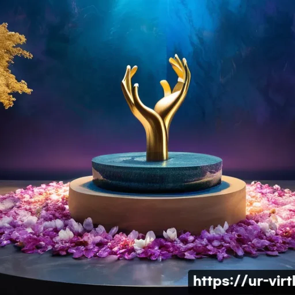 가상 추모 공간에서의 아트워크 활용하기 - A serene virtual memorial space bathed in soft, warm light featuring a detailed 3D sculpture of inte...