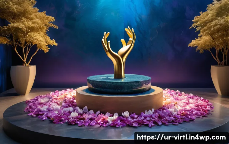 가상 추모 공간에서의 아트워크 활용하기 - A serene virtual memorial space bathed in soft, warm light featuring a detailed 3D sculpture of inte...