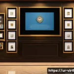 가상 추모 공간 플랫폼 비교 - A serene virtual memorial gallery designed for Urdu-speaking families, featuring elegant photo frame...