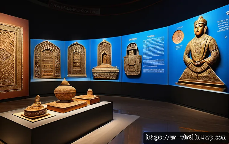 가상 추모 공간의 기술적 요소 - A highly detailed virtual museum interior showcasing 3D models of ancient South Asian artifacts and ...
