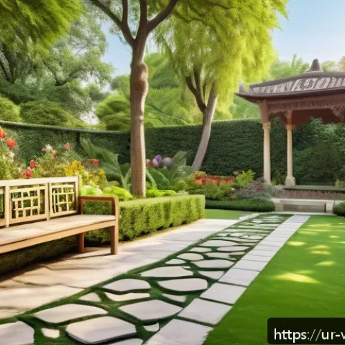가상 추모 공간에서의 인지적 처리 방안 - A serene virtual garden designed as a memory palace, featuring vibrant blooming flowers and lush gre...