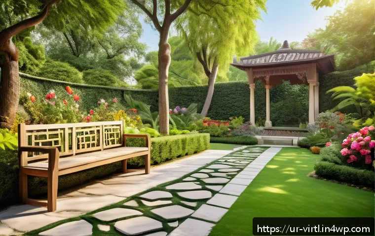 가상 추모 공간에서의 인지적 처리 방안 - A serene virtual garden designed as a memory palace, featuring vibrant blooming flowers and lush gre...