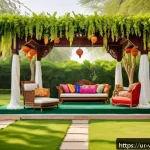 추모 공간 설계 시 고려사항 - A serene and picturesque outdoor memorial event setting in a lush green garden typical of South Asia...