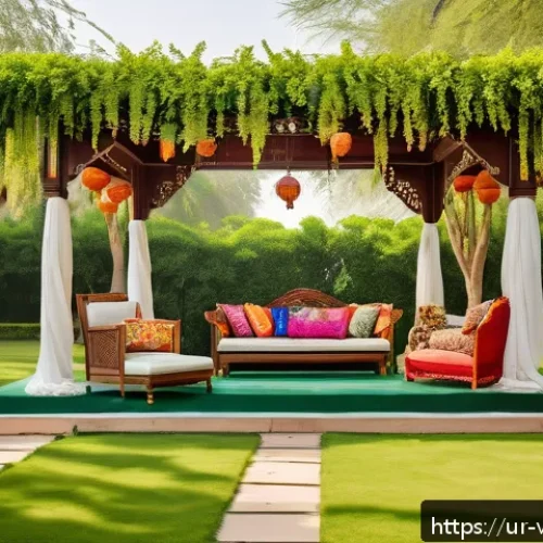 추모 공간 설계 시 고려사항 - A serene and picturesque outdoor memorial event setting in a lush green garden typical of South Asia...
