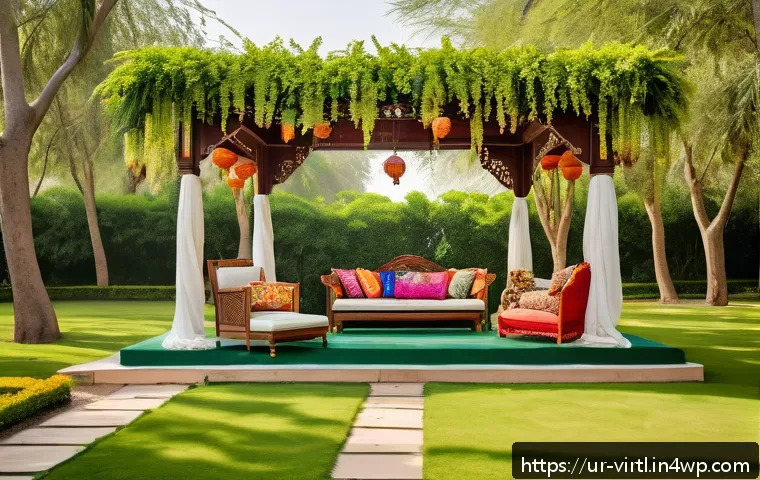 추모 공간 설계 시 고려사항 - A serene and picturesque outdoor memorial event setting in a lush green garden typical of South Asia...