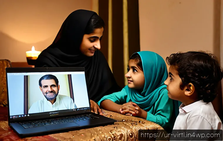 가상 추모 공간을 통해 의미 찾기 - Photorealistic Pakistani family in a warm Lahore living room, three generations seated together arou...